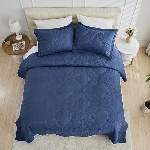 Image of Kingnex Oversized King Bedspreads 128x120 for Tall King or Cal King Bed Ultrasonic Quilted Coverlet Set 3 Piece Include 1 Extra Wide Quilt 2 Pillowcases Navy