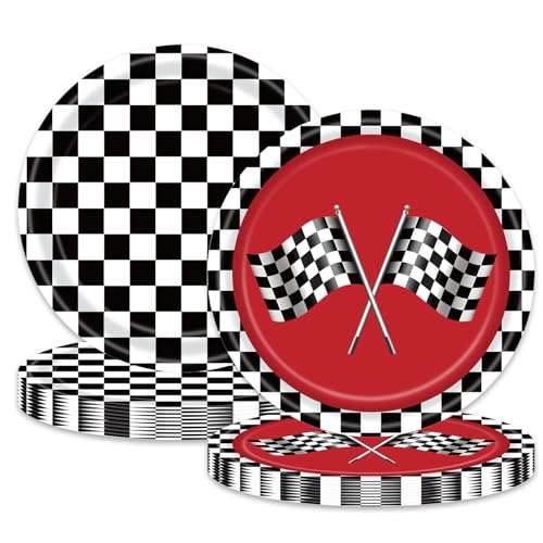 HiEnjoin 50PCS Race Car Black and White Checkered Party Plates 7 Inch Disposable Racing Car Theme Dessert Plates Cake Plates for Boys Girls Race Car Party Supplies