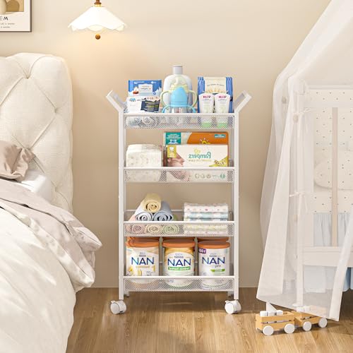 Image of 3IngSeagulls Baby Diaper Caddy Cart, 4-Tier Diaper Caddy Organizer and Storage, Rolling Utility Cart for Baby Supplies, Diaper Cart with Wheels for Bedroom, Nursery, Changing Table, White