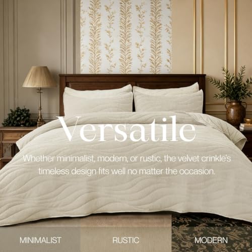 Image of DOWN HOME Crinkle Textured Velvet Quilt Set with Shams, All-Season Luxury Modern Bedding,Easy Care Comforter,Ultra-Soft,Lightweight & Breathable, Cali King, Ivory White