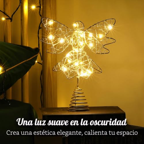 Copa del árbol de Navidad de ángel dorado Lewondr de 25CM con iluminación sofisticada 3