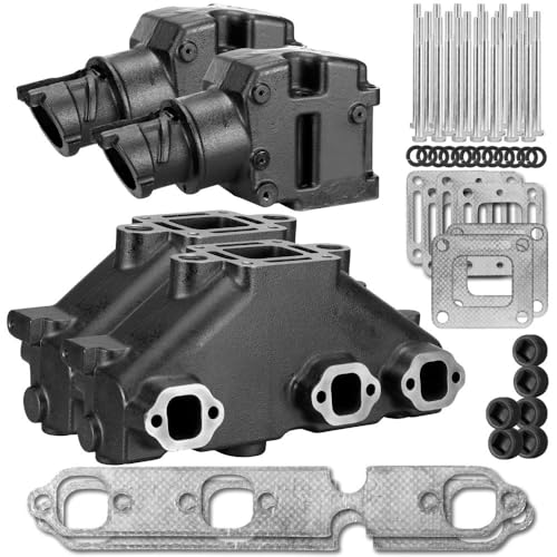 4.3L Mercruiser Exhaust Manifold & Elbow Riser Set with Gaskets, Bolts, and Plugs - Fits Mid 1980's to 2002 Engines - Wet Joint - Replaces Mercury 99746A17, 807988A03