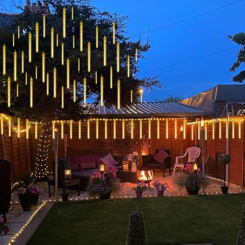 QITONG 2 Pack Extendable Meteor Shower Christmas Lights, 16 Tubes 384 LEDs Plug in Christmas String Light, Falling Rain Snowfall Light Cascading Lights for Xmas Tree Wedding Party (Warm White) - Image 7