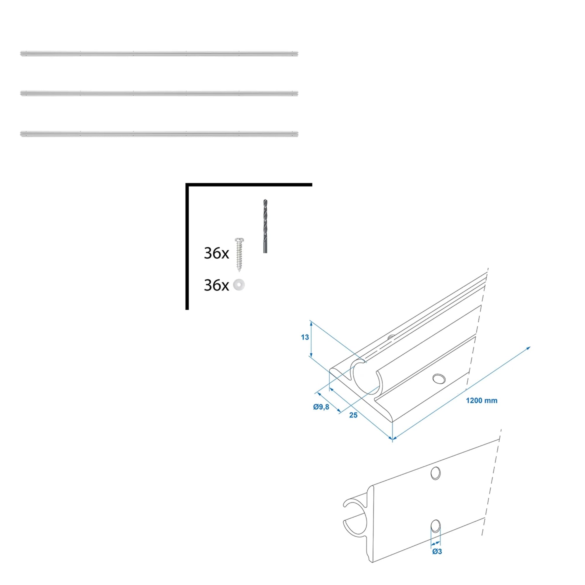 Kederschiene 360 cm Alu 90° Ø9mm selbstklebend Set 3x 120x2,5cm Kederleiste
