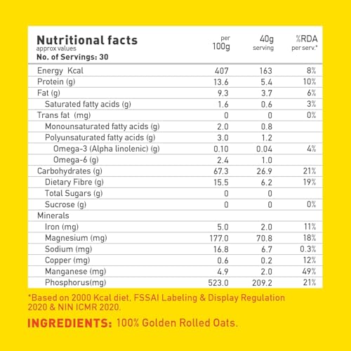 Image of Yogabar 100% Rolled Oats 2 kg (1 Kg Pack of 2 Pouch) | Gluten-Free, High-Fibre Wholegrain Oats | Nutritious Breakfast Cereal, Easy-to-Cook