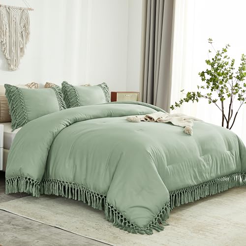 Image of Andency Full Size Comforter Set Sage Green, 3 Pieces Boho Tassel Lightweight Vintage Soft Bedding Comforter Sets, All Season Fluffy Fringe Bed Set (79x90In Comforter & 2 Pillowcases)