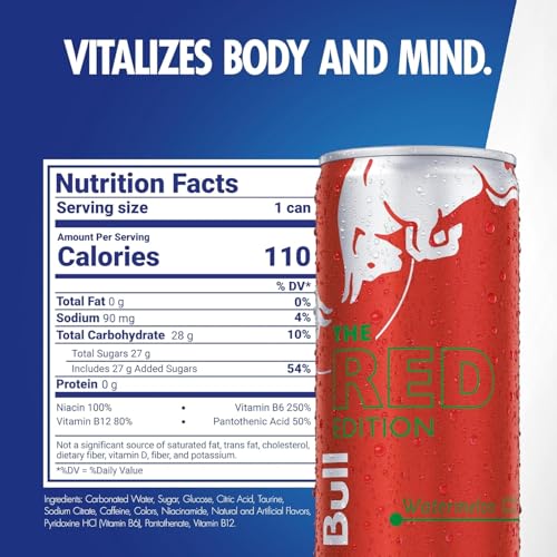 Image of Red Bull Red Edition Energy Drink, Watermelon, with 114mg Caffeine plus Taurine & B Vitamins, 12 Fl Oz, 6 Packs of 4 Cans (Pack of 24)