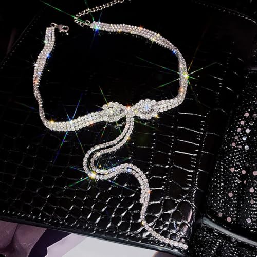 Rhinestone Bowknot Choker Necklace for Women Crystal Long Tassel Clavicle Chain Necklace Cubic Zirconia Bow Knot Jewelry for Women Gifts4