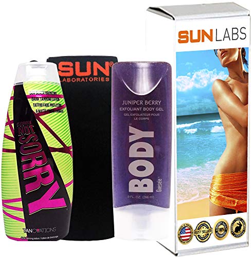 Sorry Not Sorry Extreme 50X Black Bronzer 10 Oz | Juniper Berry Exfoliating Body Scrub 9 oz + Tan Removal/Exfoliating Mitt by Sun Laboratories Natural Tanning, Body and Face for Bronzing and Golden