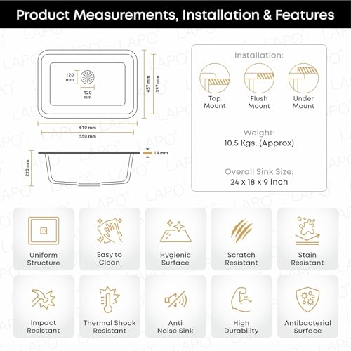 Image of LAPO Quartz Counter Top Kitchen Sink | 24x18 Inches Metallic Single Bowl Kitchen Sink | UV Protected Sink with Coupling, Hose Pipe & Drainer Basket | 3 Year Warranty (Black Finish)