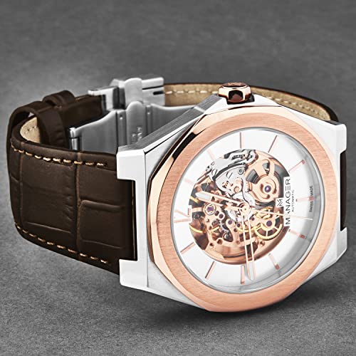 Manager Men's 'Open Mind' Silver Dial Brown Leather Strap Automatic Watch MAN-RO-05-BL2