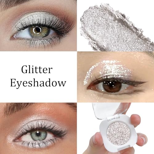 BelleVive Glitzerlidschatten, heller Lidschatten, gepresster Glitzerlidschatten, Glitzermatter gepresster Puder-Einzellidschatten, veganer Lidschatten, frei von Talk, Glitzer (12)