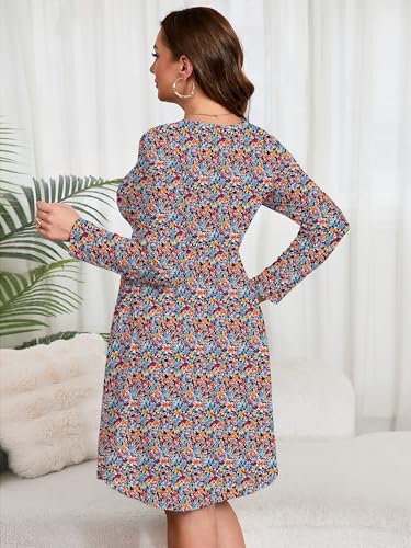 Image of AusLook Women's Plus Size Long Sleeve Midi Dress Casual Empire Waist Loose Flowy Dresses A-Line Boho Long Dress with Pockets