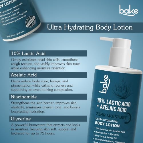 Image of BAKE 10% Lactic Acid Body Lotion with Azelaic Acid | Smooths Rough & Bumpy Skin, Exfoliates Skin & Reduces Body Acne | Ultra Hydrating Body Lotion | 300ml