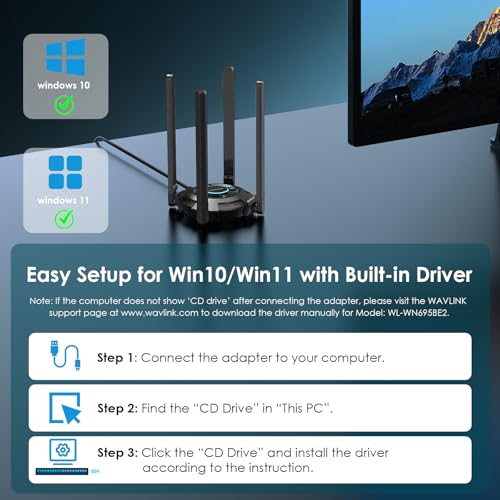 Image of USB WiFi 7 Adapter for Desktop PC, WAVLINK BE6500 Tri-Band Wireless USB 3.0 Adapter with 4x5dBi High Gain Antenna, 2.4+5+6GHz, Multicolor Status LED, WPA3, MLO, OFDMA, 4K-QAM, Windows 11 /10 Only