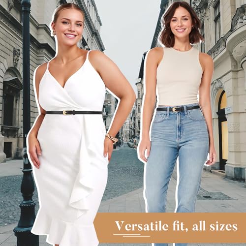 WERFORU Skinny Leather Belt for Dress Jeans Women Thin PU Leather Belt with Fashion Gold Buckle,black,0.7" Width4