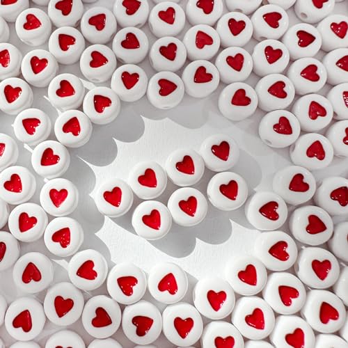 600Pcs White Red Heart Bead Acrylic Love Beads Loose Spacer Beads to Match Letter Pony Bead for Bracelets Necklaces Jewelry Making DIY Key Chains7mm