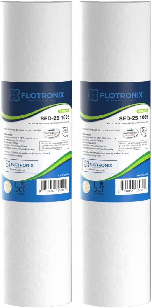 Flotronix 5 Micron 2.5" x 10" Sediment Whole House Water Filter Compatible to GE FXUSC Water System (2 Pack)