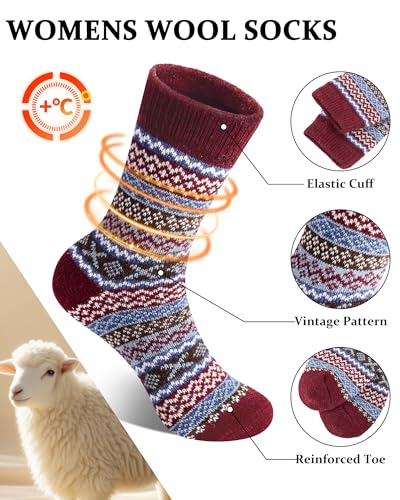 Image of Loritta Wool Socks for Women, Winter Warm Hiking Boot Socks Gifts | Classic Cozy Crew, Vintage Knit, Soft Thick House Socks, Outdoor, Christmas Gift, Stocking Stuffers for Mom Grandma Wife