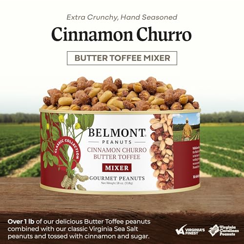 Image of Belmont Peanuts Gourmet Cinnamon Churro Butter Toffee Mixer with Cinnamon-Coated Sea Salt and Butter Toffee Virginia Peanuts, 18 oz (1 Pack) - Simple Ingredients, No Preservatives, Hand Seasoned