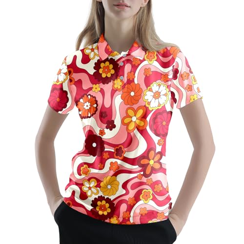 Collemet Womens Funny Golf Shirts Vintage 60s Psychedelic Flowers Outfits Casual Golf Shirt S