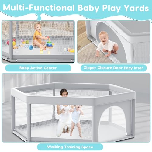 Image of Fshibila 65 inch x65 inch Hexagonal Baby Playpen, Baby Playard for Babies and Toddlers, BabyFence Play Pens for Indoor & Outdoor, Sturdy Safety Play Yard with Soft Breathable Mesh, Anti-Fall, Grey