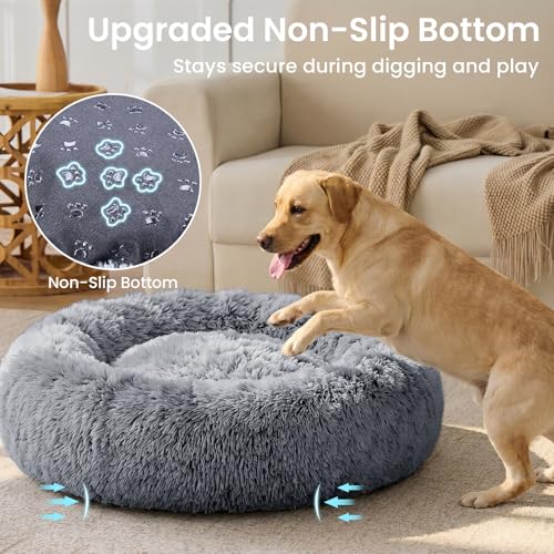 Image of JOLLYVOGUE Calming Dog Beds Extra Large Sized Dog, 45in Donut Washable Large Pet Bed, Anti-Slip & Anti-Anxiety Fluffy Faux Fur Round Dogs Bed, Fits up to 125 lbs Pets (Smoke Black)