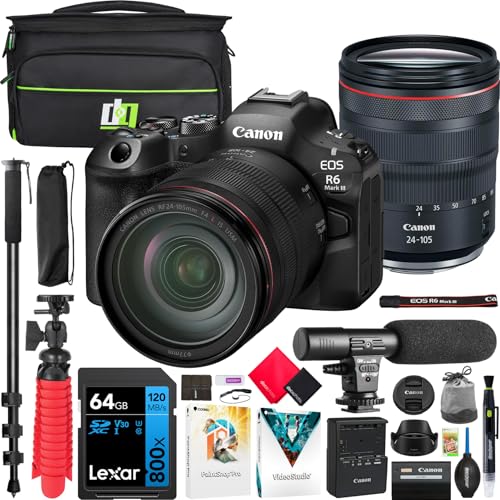 Canon EOS R6 Mark III Full Frame Mirrorless Camera with RF 24-105mm F4 L is USM Lens 7084C010 32.5MP | 40 FPS | 7K RAW Video | IBIS Bundle with Deco Gear Bag + Microphone + Monopod +Accessories Kit