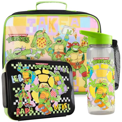 Get Trend Teenage Mutant Ninja Turtles Insulated Lunch Bag 3Pc Set with Reusable Bento Box and 21.6 fl oz BPA-Free Water Bottle with Straw Kids Lunch Box Anime Gifts for Boys(Multi TMNT)