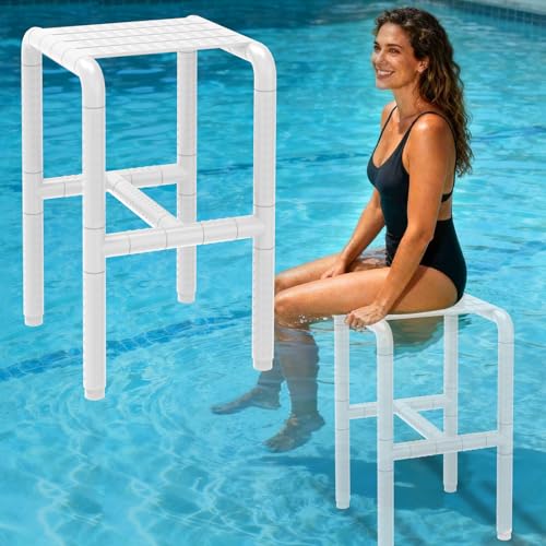 24 Inch Underwater Pool Stool for in-Pool Seating & Relaxation Heavy Duty Submerged Pool Chair for in Pool Ideal for Pool Lounging Pool Bar Poolside Chair with Foot Rest for Edge of Pool (White)