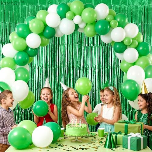 Image of KatchOn, Green Streamers Foil Fringe Curtains - 3.2x8 Ft, Pack of 2 | Green Backdrop for Dinosaur Birthday Decorations | Tinsel Backdrop for Safari Birthday Decoration, Jungle Party Decorations