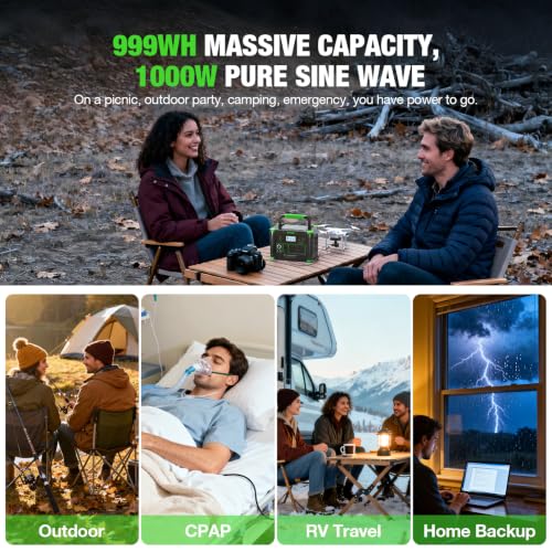 Image of Portable Power Station 1000W 999Wh Solar Generator for Outdoor Travel | with Pure Sine Wave AC Outlet, 60W USB-C PD Fast Charging, 10-Port Hub for RV Camping, Home Backup, Emergency Fishing
