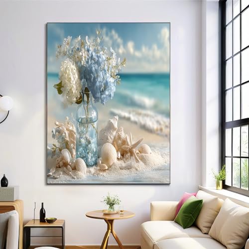 Lienzo de playa blanco y azul para un salón relajante y fresco
