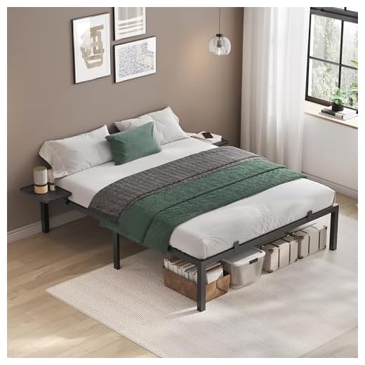 VASAGLE Lit Double, Cadre en Métal avec Étagères de Rangement, Tête de Lit, pour Adolescents, Adapté pour Matelas 160 x 200 cm, Montage Facile, Noir Classique RMB095B01
