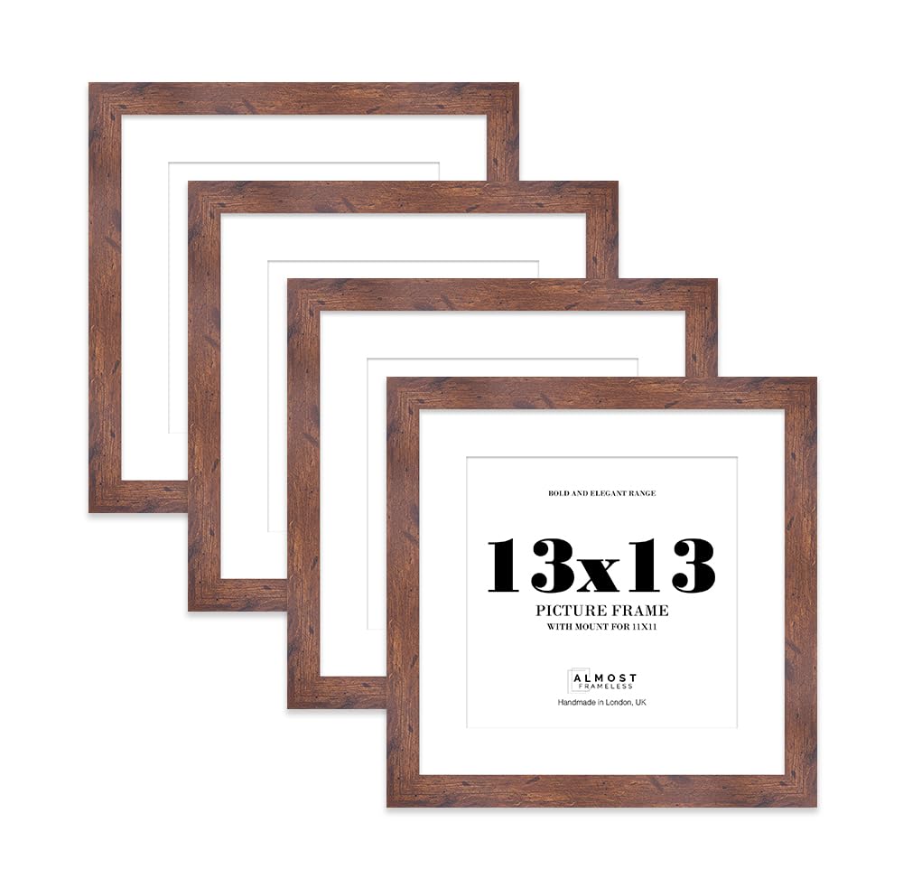 13x13" Rustic Wood Square Frame With Mount for 11x11" Pictures 28mm Edge Frame Display with Wall Hooks, 4 Pack