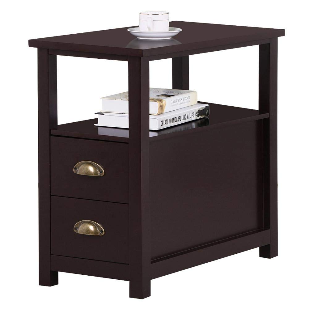 Slim END Table Walnut with Cup Holders Storage Magazine