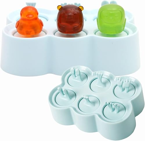 Moldes de mini paletas para niños y bebés, con formas de animales, 6 piezas, máquina de hacer paletas de hielo, sin BPA, de silicona, para hacer Azul