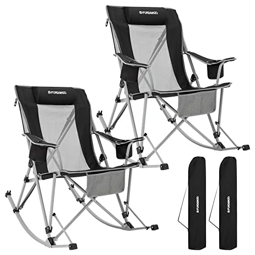 FUNDANGO Camping Rocking Folding Lawn Chairs with Cup Holder, Set of 2 with Carry Bag, Black/Grey2