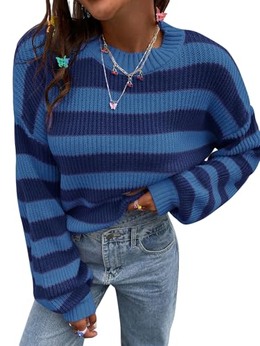 Image of SOLY HUX Women's Color Block Striped Knit Tops Casual Long Sleeve Drop Shoulder Sweater Pullovers
