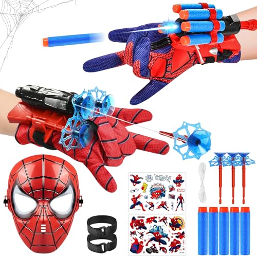 2 conjuntos de luvas de lançador, luvas lançadoras de aranhas com máscara e dardos luvas Spider menino lançador de heróis Launcher Glove, para crianças brinquedos educativos divertidos (D)