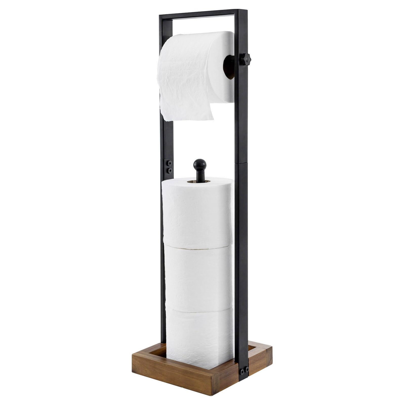 Photo 1 of MyGift Freestanding Toilet Paper Holder with Reserve Roll Storage, Bathroom Floor Toilet Paper Holder Stand Organizer, Industrial Matte Black Metal and Burnt Wood