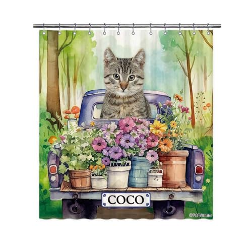 GABSHAIM Custom Cat Flowers Spring Summer Shower Curtain Funny Dog Drive a Truck in Forest Bath Curtain Bathroom Home Decor 66x72 Inch Style 1