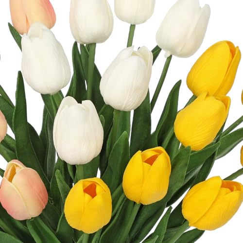 Image of 20 Pcs Artificial Tulips Flowers Mixcolor Real Touch Fake Tulips Fake Flowers for Mother's Day 13.5 inch Faux Tulips Faux Flowers Bulk Artificial Tulips Flowers for Vase Centerpieces Home Wedding Bouquet