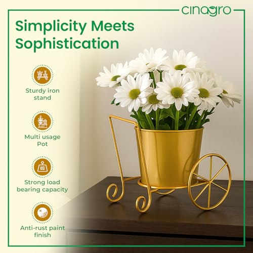 Image of CINAGRO Metal Wagon Planter, Gold Pram Rickshaw-Shaped Metal Plant Stand for Indoor & Outdoor Use, 2 Wheel Pot Stand, Flower Vase, Decorative Iron Pot Holder for Flowers & Ornaments, 27 x 13 x 21 cm