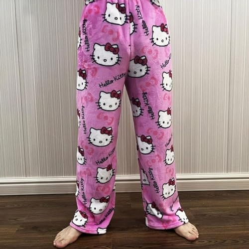 Image of BIUGNVW Anime Pajamas Pants Women Cartoon Family Christmas Pajama Pants Kawaii Flannel Pajama Pants Black and Pink