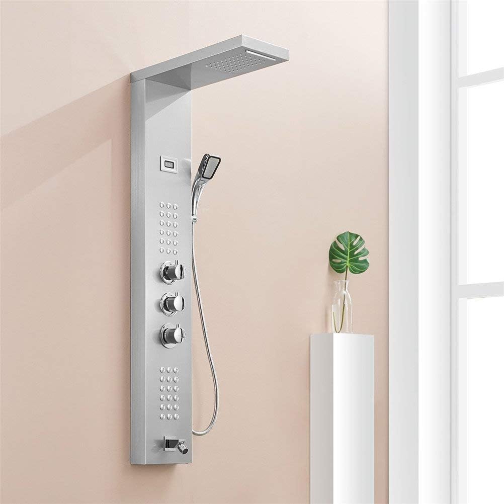 Wall-Mounted Shower Faucet Thermostatic Shower Panel Tower Stainless Steel Shower Column Digital Temperature Display Jets Body Massage Shower System,A