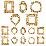 Vicenpal 15 Pcs Vintage Mini Picture Frames Baroque Antique Small Resin Jewelry Display Table Frame for Christmas DIY Photo Holiday Party Decoration (Gold)