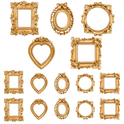 Vicenpal 15 Pcs Vintage Resin Picture Frame Antique Mini Resin Jewelry Display Photography DIY Small Photo Frame for Photo Home Decoration (Gold)
