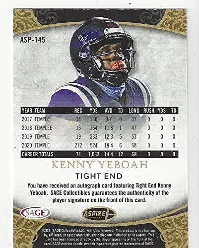 Kenny Yeboah Autographed & Serial Numbered #1/5 Green Parallel Collectible Football Card - 2021 Aspire Football Card #ASP-145 (Jets) Free Shipping