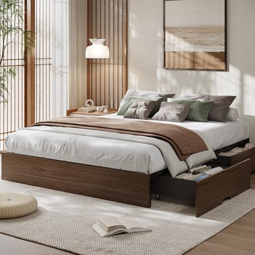 GarveeHome Queen Size Wood Platform Bed Frame with 2 Storage Drawers, Wooden Bed Frame Without Headboard, Wood Slat Support, No Box Spring Needed, Easy Assembly Walnut Wood Queen With Drawer